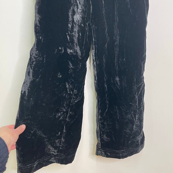 Free People Black Velvet Size S Wide Leg Drawstring Back Boho Weekender Overalls - Picture 8 of 12